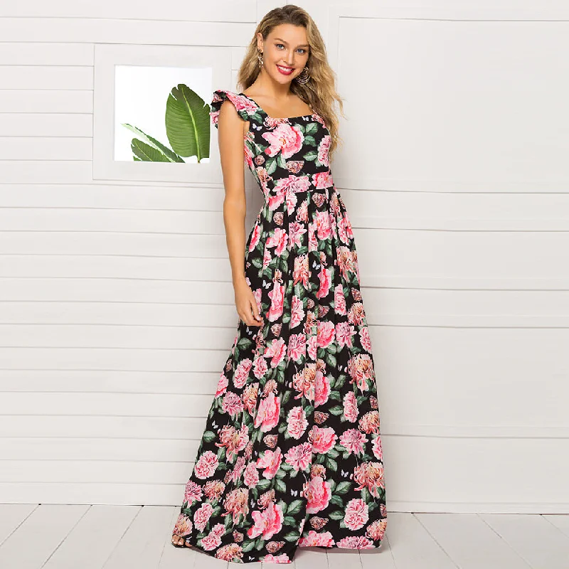 Beach In Bali Smocked Tiered Maxi Dress Trendy Floral Print Maxi Dress