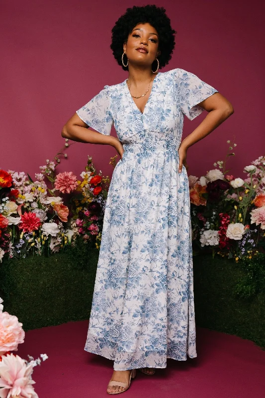 Birdie Maxi Dress | Off White + Blue Fashionable Off-Shoulder Maxi Dress