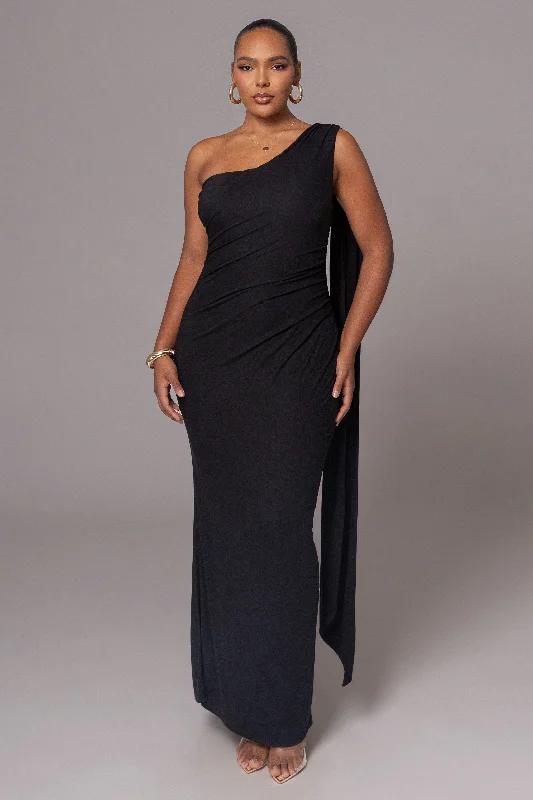 Black Kianna Drape Maxi Dress Elegant Pleated Maxi Dress