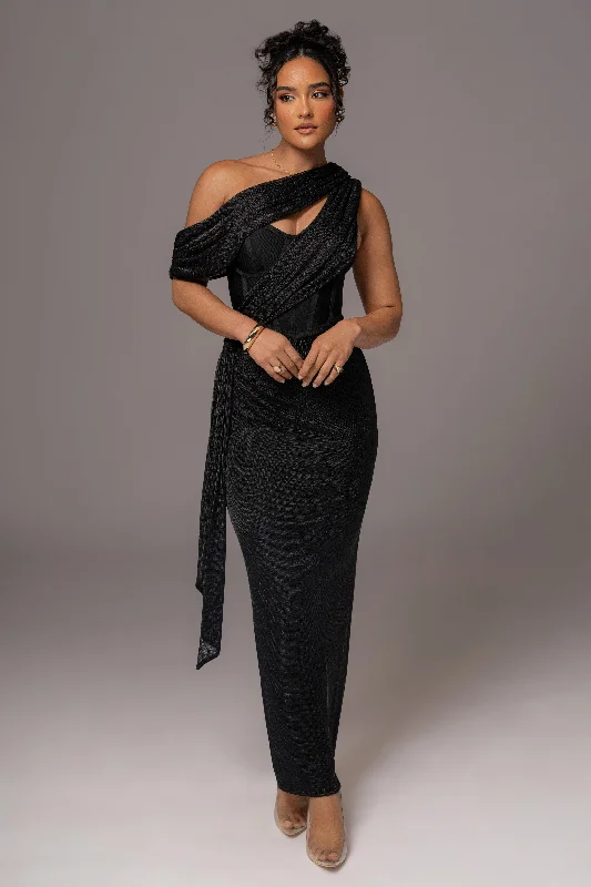 Black Metallic Celestina Draped Maxi Dress Stylish Empire Waist Maxi Dress