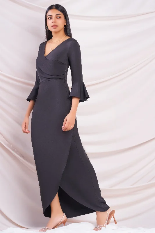 Black Wrap Maxi Dress Elegant Lace-Up Maxi Dress