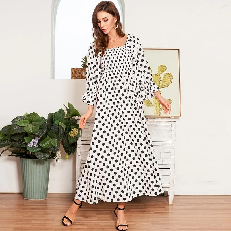 FashionSierra - Boho Polka Dot Long Dresses Women Flounce Sleeve Square Collar Summer Dress Women Maxi Dress Vestidos Stylish Maxi Dress with Frills