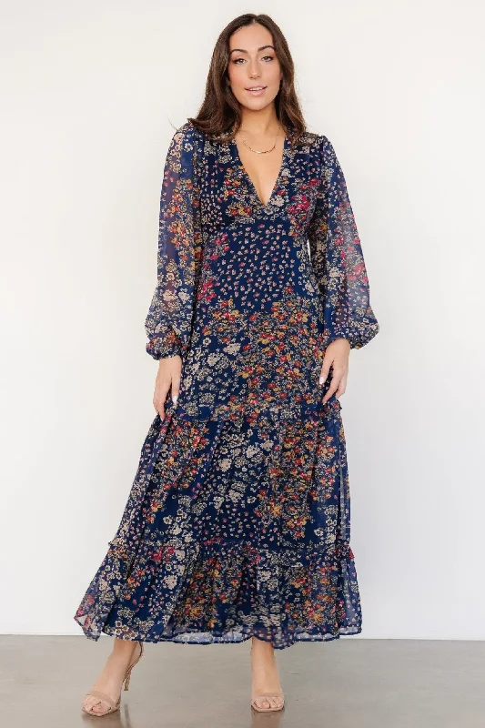 Bowman Deep V Maxi Dress | Dark Blue Multi Stylish Long Sleeve Maxi Dress