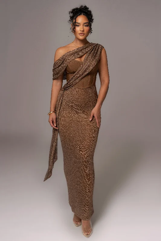 Bronze Metallic Celestina Draped Maxi Dress Stylish V-Neck Maxi Dress