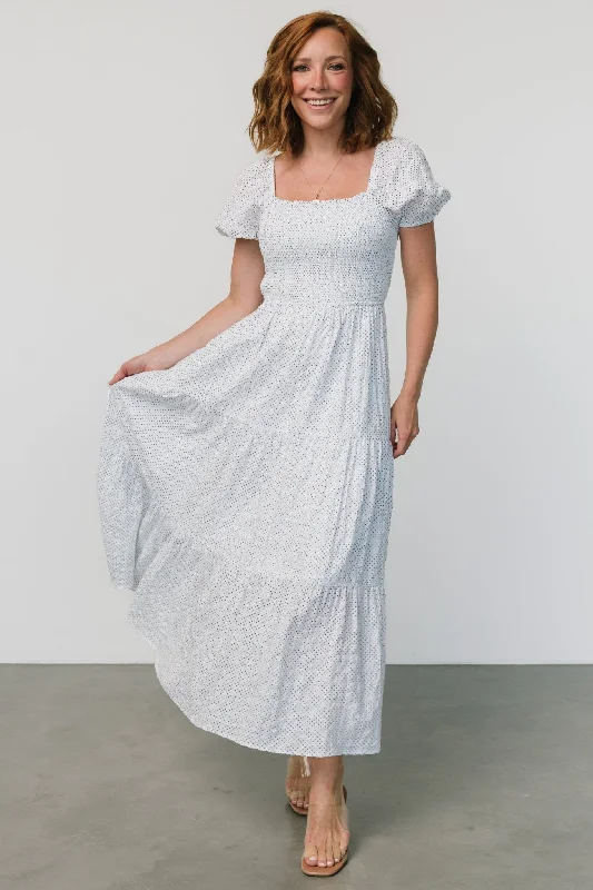 Calliope Smocked Maxi Dress | White Print Trendy Maxi Dress with Belt