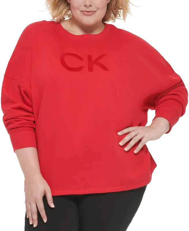 Calvin Klein Performance Plus Size Logo Fleece Crewneck Sweatshirt Hoodie with Puffed Sleeves Voluminous Trendy