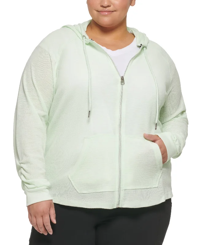 Calvin Klein Performance Plus Size Ruched Sleeve Zip Hoodie Hooded Sweatshirt Casual Wear Street Style