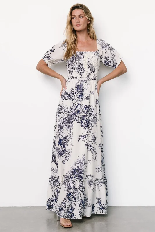 Capri Smocked Maxi Dress | Ivory + Blue Floral Comfortable Ruffle Hem Maxi Dress