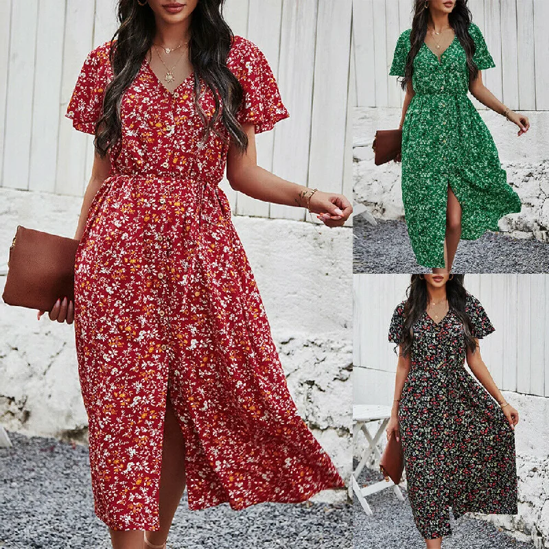 Casual Short Sleeve Split Maxi Dress Comfortable Cotton Maxi Dress