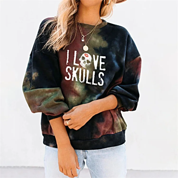 Casual Women Sweater Tie Dye Skull Letter Print Round Neck Sweatshirt Zip Hoodie Drawstring Kangaroo Pocket