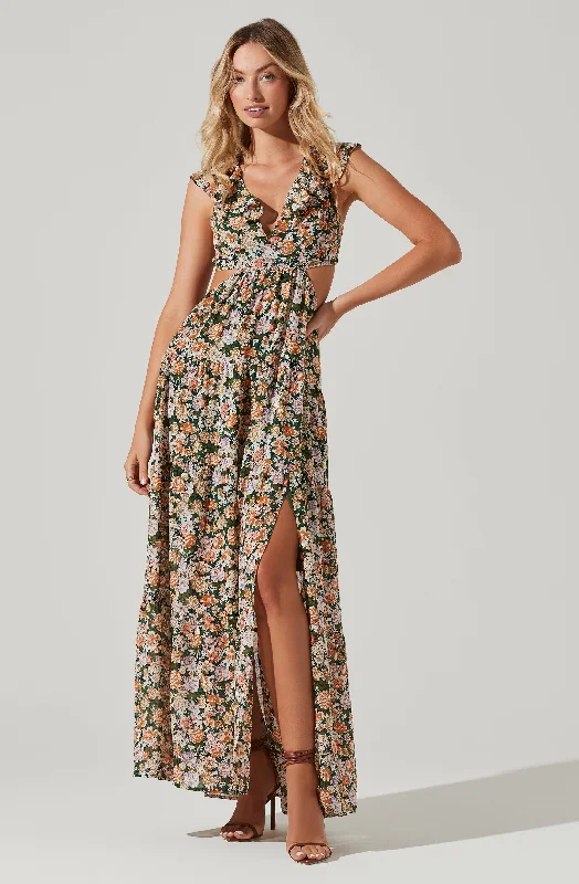 Floral Ruffle Cutout Maxi Dress Comfortable Ruffle Hem Maxi Dress