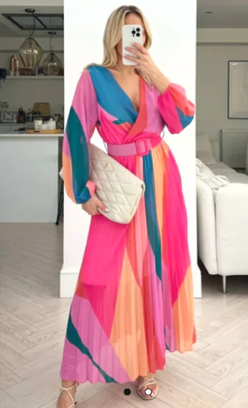 MULTI PATTERNED PLEATED LONG SLEEVE MAXI DRESS - Pink Fashionable Printed Maxi Dress