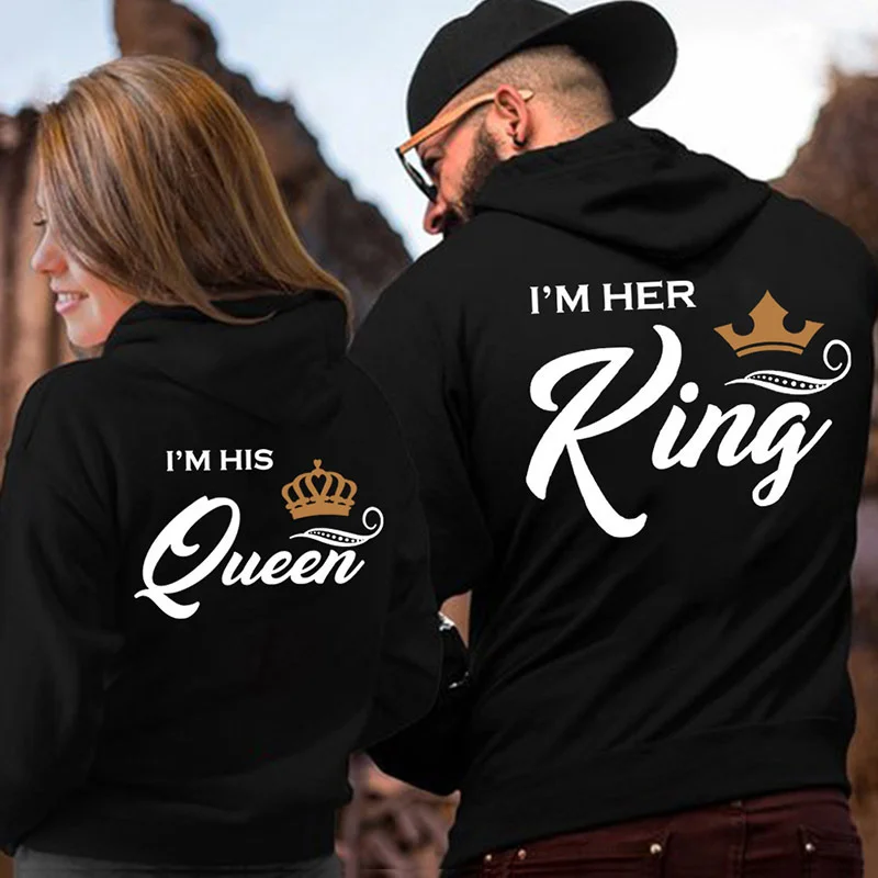 Couple Outfit Her King His Queen Letter Printed Couple Hooded Sweatshirt Hoodie with Stripes Bold Sporty