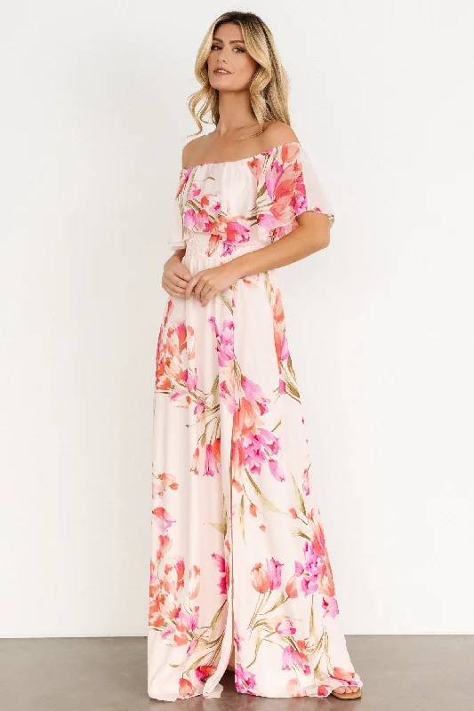 Daphne Off Shoulder Maxi Dress | Blush Floral Elegant Maxi Dress with Lace