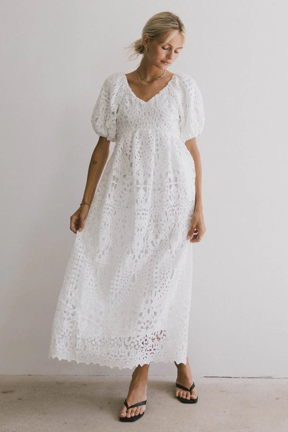 Devon Eyelet Lace Maxi Dress in Ivory Comfortable Casual Maxi Dress