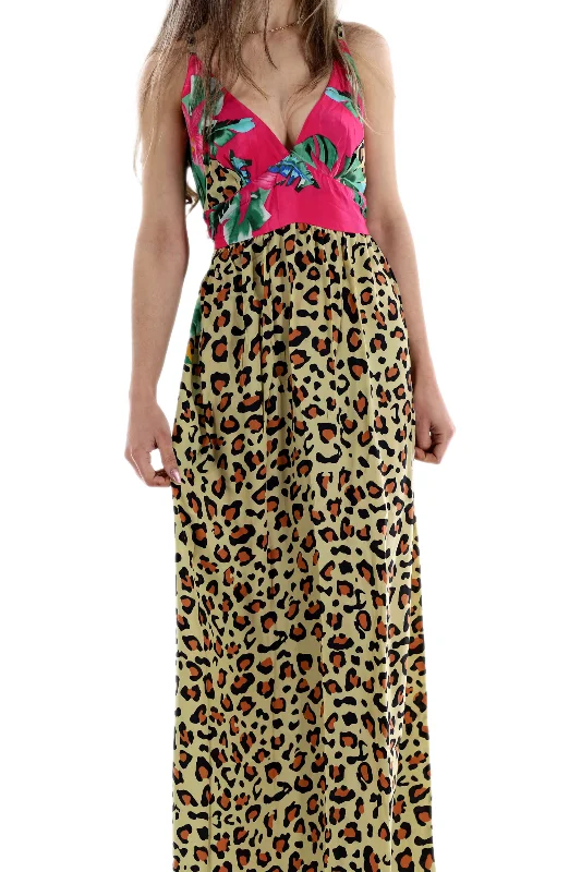 Long Flowy Floral 'Alessandra' Maxi Dress in Leopard Stylish Pleated A-Line Maxi Dress