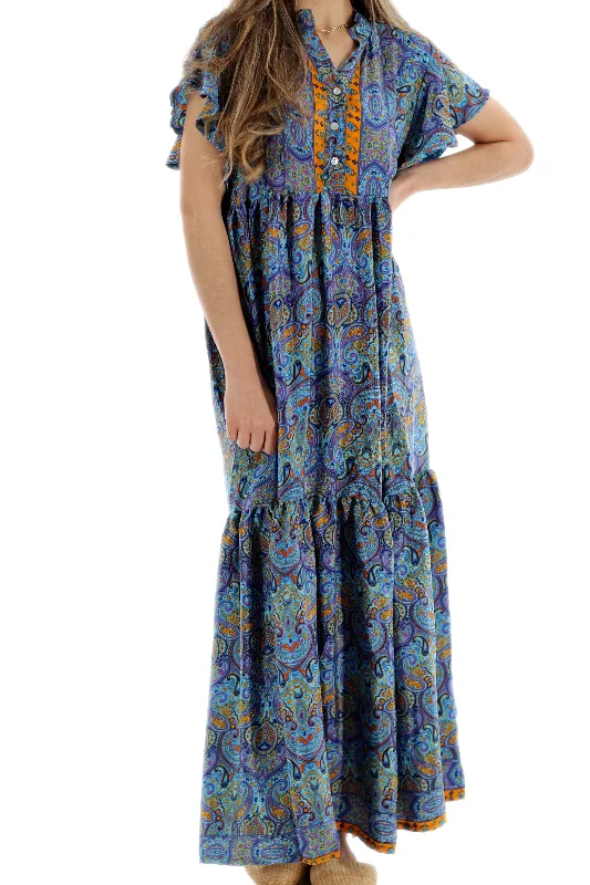 Long Flowy Floral 'Sienna' Maxi Dress in Blue Cozy Knit Maxi Dress