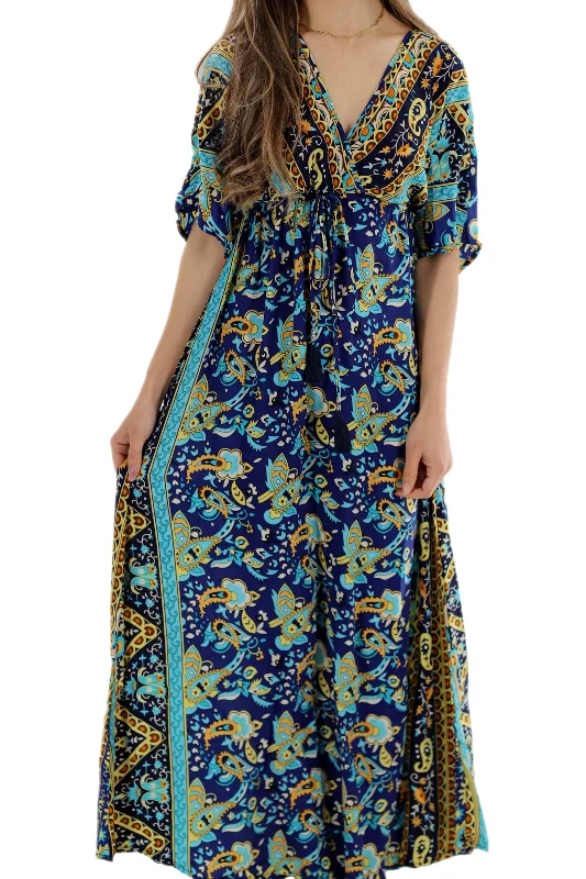 Long Flowy Floral 'Amalia' Maxi Dress in Blue Comfortable Bohemian Maxi Dress