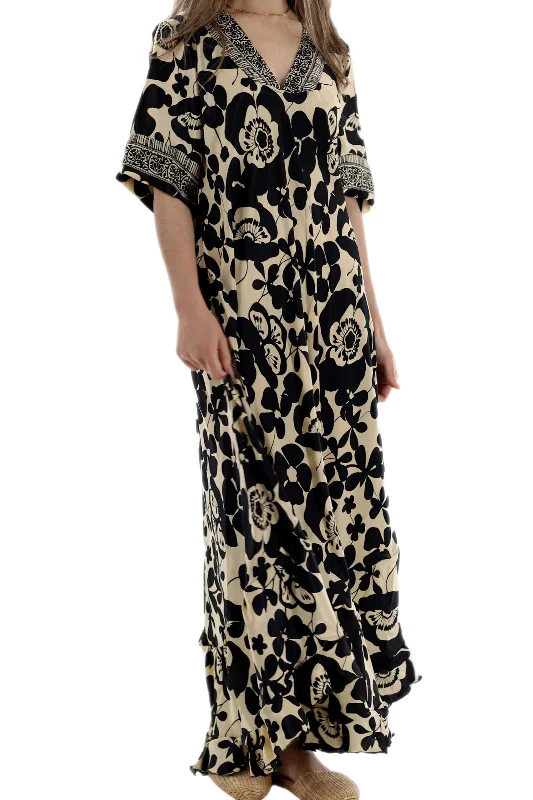 Long Flowy Floral 'Elisa' Maxi Dress in Gold Comfortable Fitted Maxi Dress