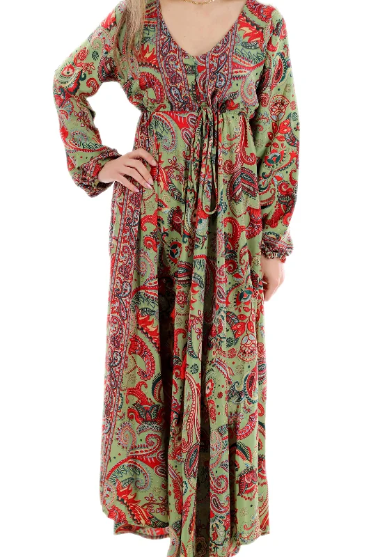 Long Flowy Floral 'Emilia' Maxi Dress - Green/Red (2024) Stylish Boho Chic Maxi Dress