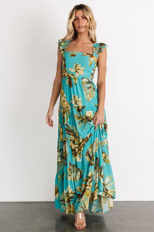 Encinitas Maxi Dress | Caribbean Blue Print Fashionable Open-Back Maxi Dress