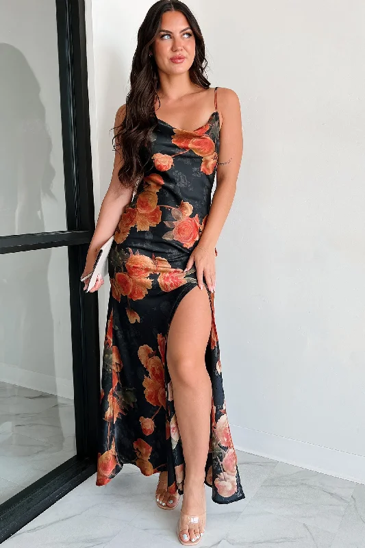 Exceptional Bliss Floral Satin Maxi Dress (Black) Trendy Printed Maxi Dress