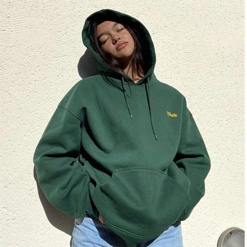 Fashion Casual Letter Printing Women'S Loose Long-Sleeved D.Green Top Sweatshirts Hoodie with Bell Sleeves Flared Feminine