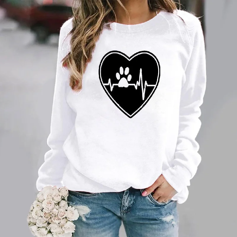 Fashion Women Casual Long Sleeves Round Neck Footprint Heart Print Sweatshirt Hoodie with Lining Warm Insulated