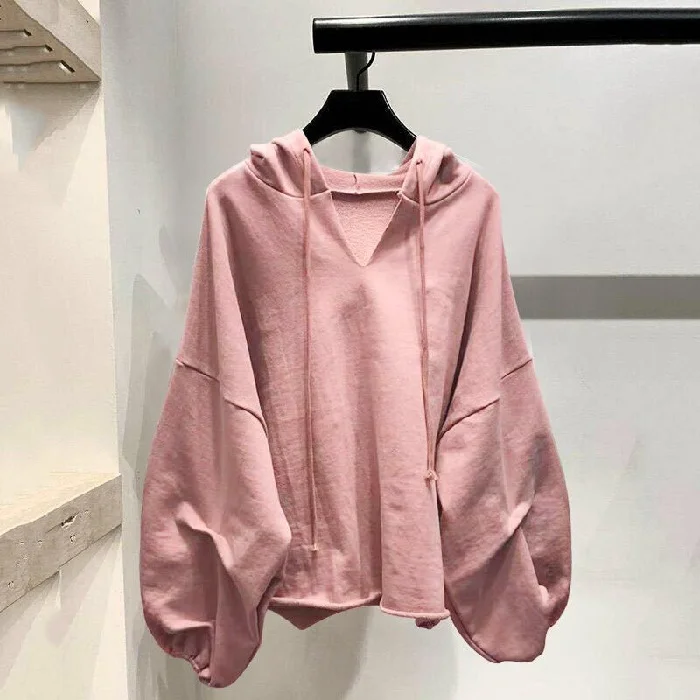 Fashion Young Women Large Size Solid Color V-Neck Puff Sleeve Loose Hoodie Hoodie with Hem Frayed Vintage Worn