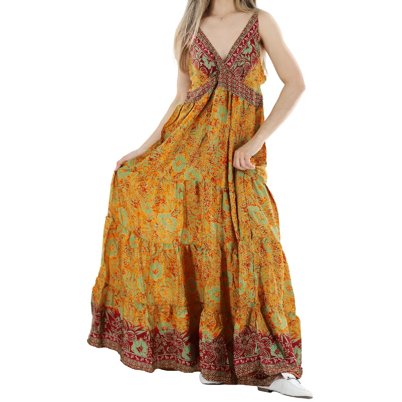 Floral 'Carina' Maxi Dress with V-Neckline Stylish Pleated A-Line Maxi Dress