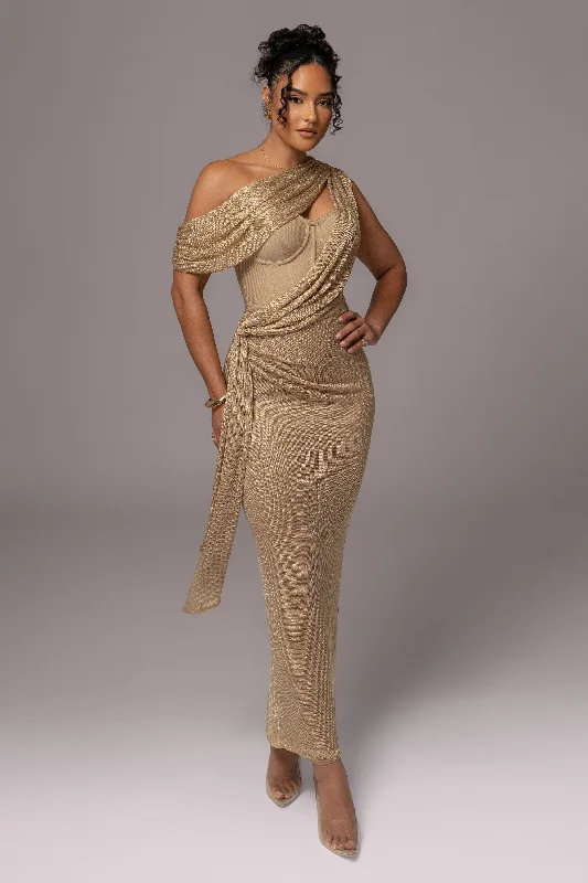 Gold Metallic Celestina Draped Maxi Dress Fashionable Sleeveless Maxi Dress