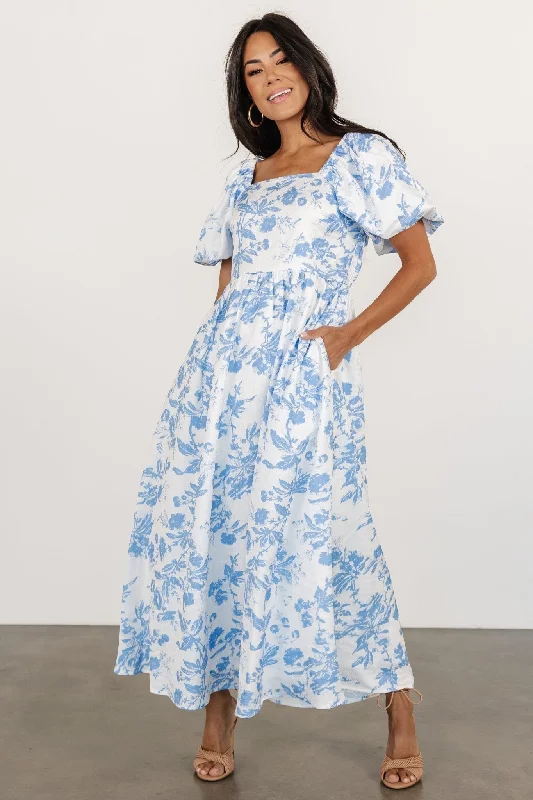 Graceland Maxi Dress | White + Blue Floral Classic A-Line Maxi Dress