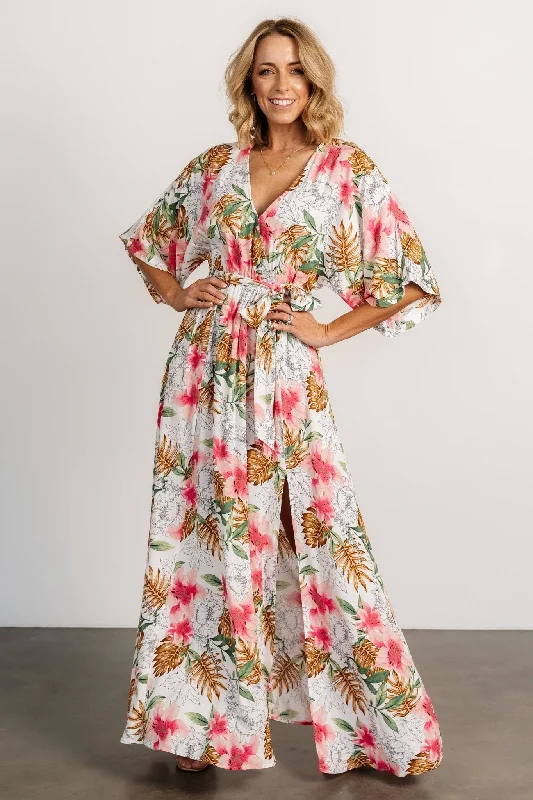 Harmonia Kimono Maxi Dress | White Multi Print Cozy Ribbed Maxi Dress