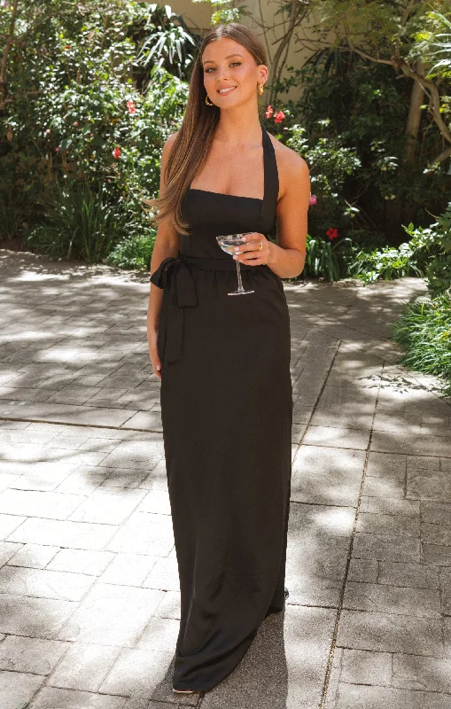 Hazel Halter Maxi Dress ~ Black Luxe Satin Elegant Maxi Dress with Slit