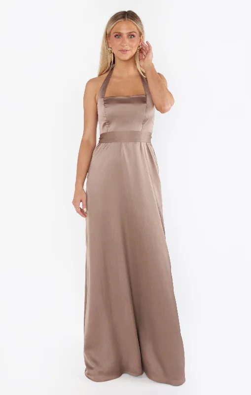 Hazel Halter Maxi Dress ~ Dune Luxe Satin Elegant Maxi Dress with Drapes