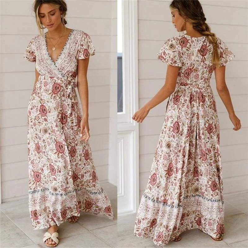 FashionSierra - Holiday Long Dress Women's Boho Dresses Lady Boho Floral V-neck Long Maxi Dress Summer Beachwear Sundress Fashionable Faux Wrap Maxi Dress