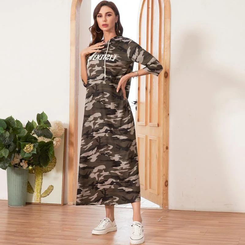 FashionSierra - Hooded Dress Women Camouflage Casual Letter Print Dresses Woman Three Quarter Sleeve Ladies Maxi Dress Stylish Boho Chic Maxi Dress