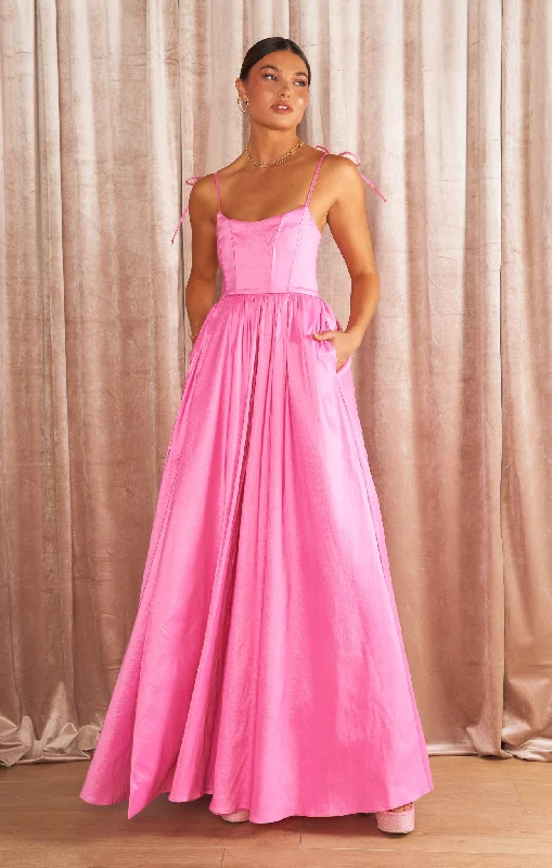 Juliet Maxi Dress ~ Pink Taffeta Trendy Off-Shoulder Ruffle Maxi Dress