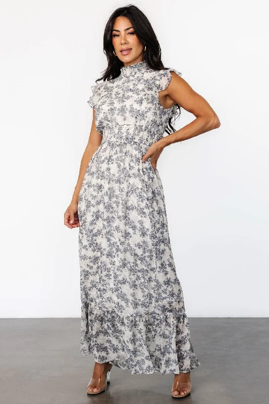 Kearny Ruffle Maxi Dress | Cream + Navy Floral Elegant Boho Maxi Dress