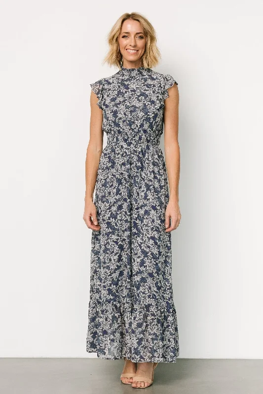 Kearny Ruffle Maxi Dress | Slate Print Trendy Button Front Maxi Dress