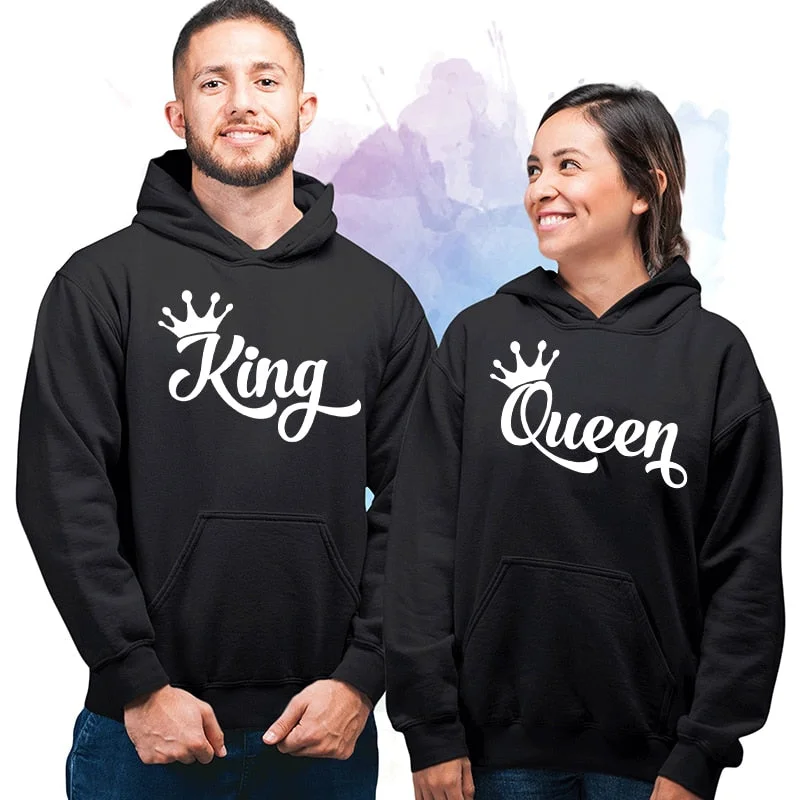 King or Queen Letters Printed Crown Design Couple Hooded Sweatshirt Men Autumn Winter Streetwear Lover Casual Pullover Hoodies Hoodie with Velcro Closure Adjustable Secure