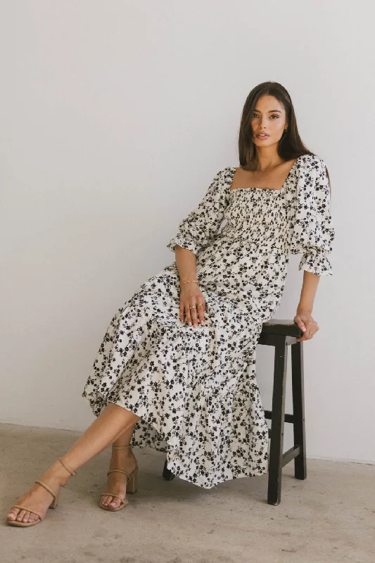 Kiran Floral Maxi Dress in Cream Cozy Maxi Dress with Slit