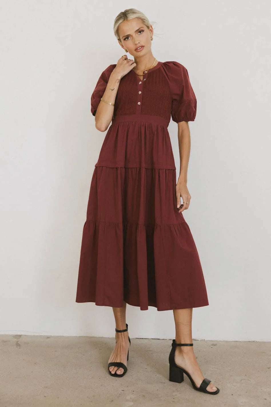 Leandra Maxi Dress in Burgundy Comfortable Maxi Dress with Slits