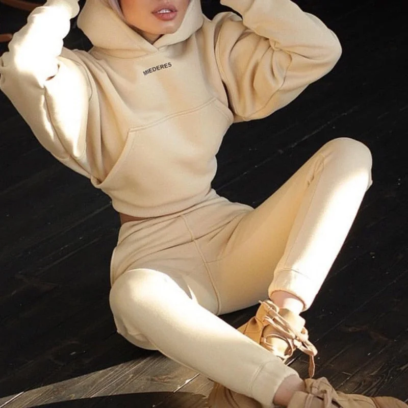 Long Sleeve Home Set Hooded Tracksuit Hoodie with Lining Warm Insulated