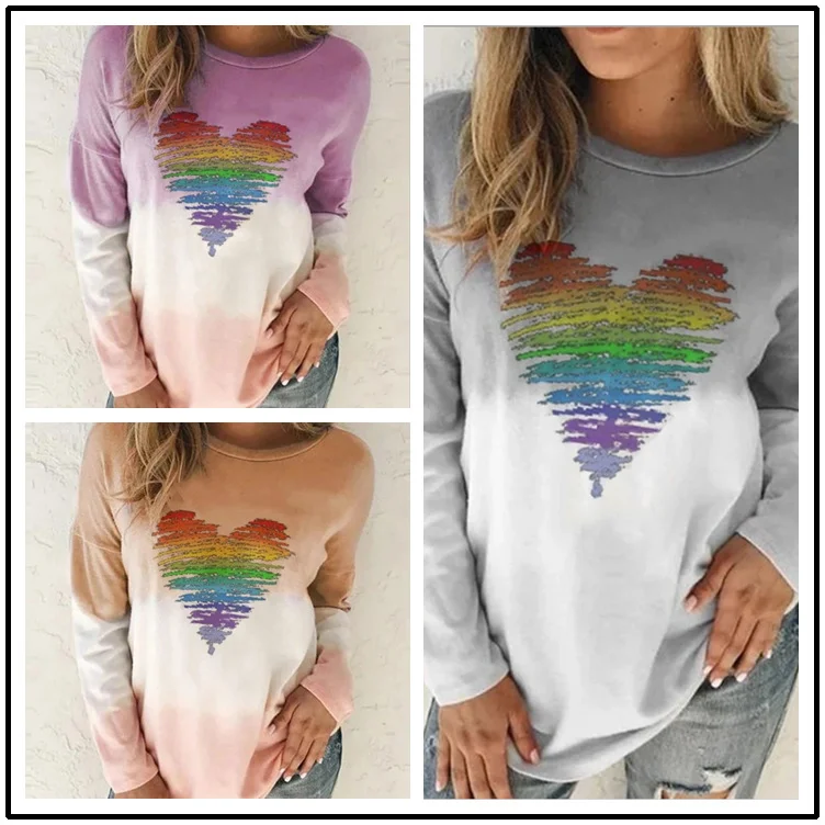 Long-Sleeved Women Round Neck Autumn Winter Casual Tie-Dye Heart Print Sweatshirt Hoodie with Tie-Dye Psychedelic Retro