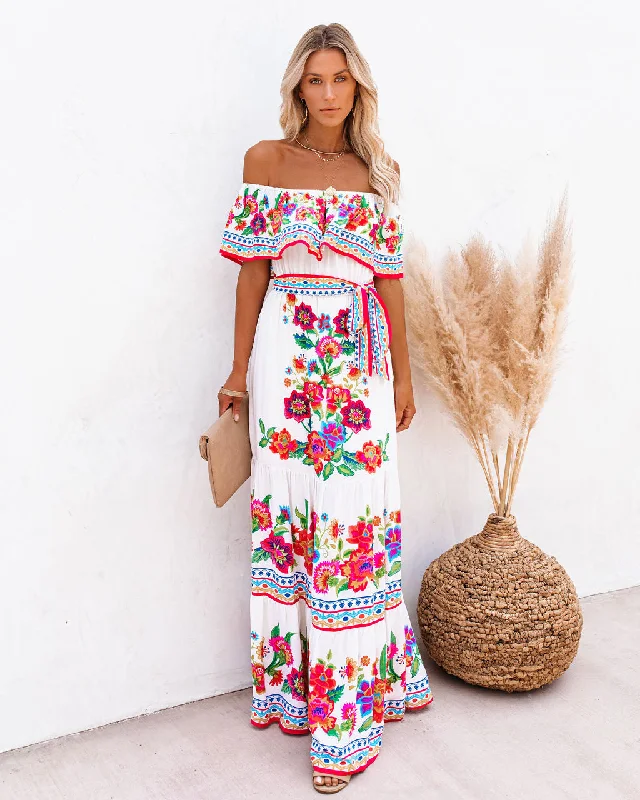 Mamanuca Floral Off The Shoulder Maxi Dress Elegant Tiered Maxi Dress