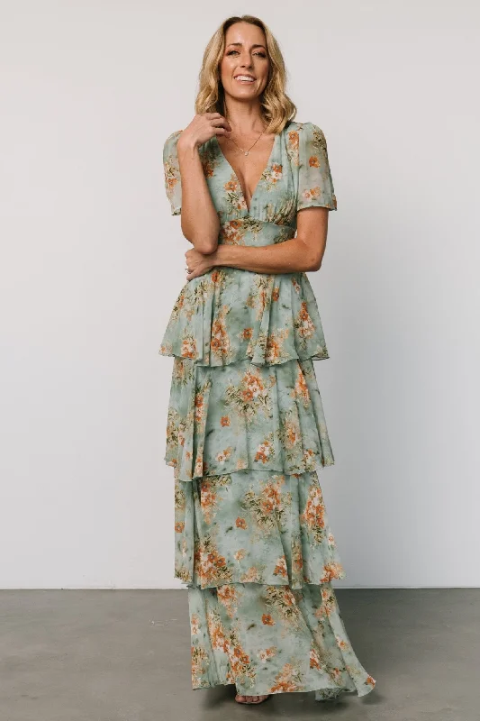 Montaigne Ruffle Maxi Dress | Blue Sage Floral Trendy A-Line Maxi Dress