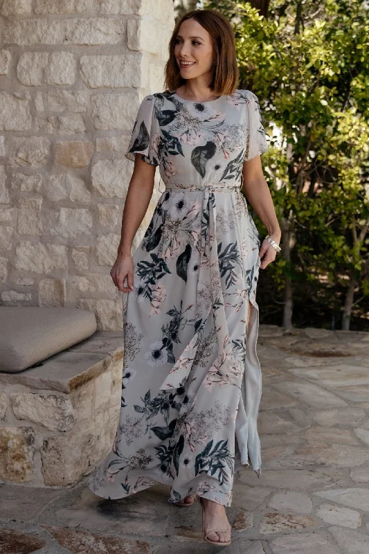 Naomi Short Sleeve Maxi Dress | Pale Blue Floral Elegant Maxi Dress with Slit