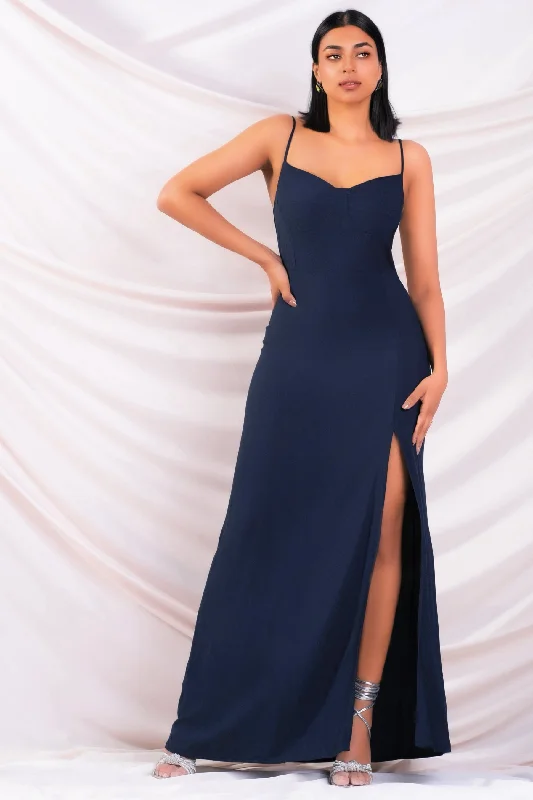 Navy High Slit Maxi Dress Elegant Velvet Maxi Dress