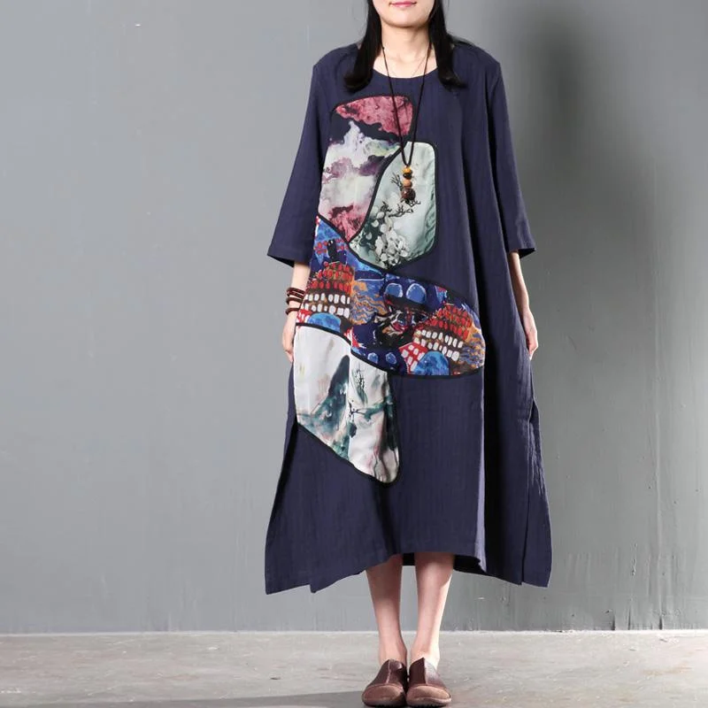 New Navy linen summer maxi dress long print patchwork long sundress caftan dress Stylish V-Neck Maxi Dress